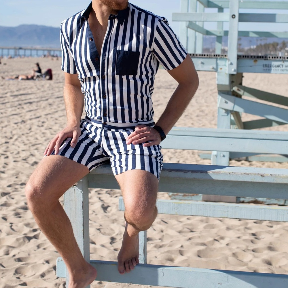 NWT Men’s RomperJack The Hampton Striped Navy and White Romper Size Small - Picture 2 of 12